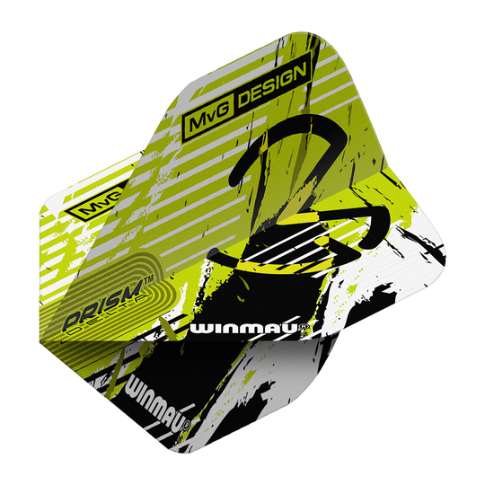 Vuelos estándar Winmau Delta Michael Van Gerwen Prism 03 Das Bild zeigt die Winmau Delta Michael Van Gerwen Prism 03 Standard Flights. Das Design ist in Gelb, Schwarz und Weiß gehalten und trägt den Schriftzug "MvG DESIGN" sowie das Winmau-Logo.