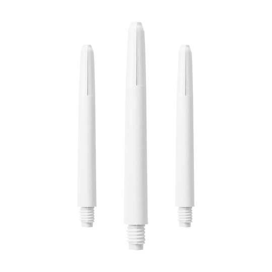 583_Nylon_Shafts_Schneeweiss_48mm_1KhbEmfNzhSggk Das Bild zeigt drei schneeweiße Nylon Shafts nebeneinander. Jeder Shaft hat ein Gewinde am unteren Ende und ist schlicht gestaltet.