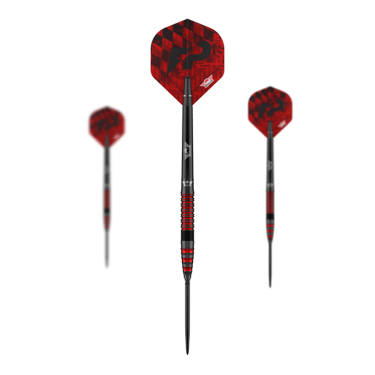 Bulls NL Florian Price 90 Puntos Convertibles Steeldarts Das Bild zeigt das komplette Set Bulls NL Florian Preis 90 Convertible Point Steeldarts. Die Darts sind silberfarben.