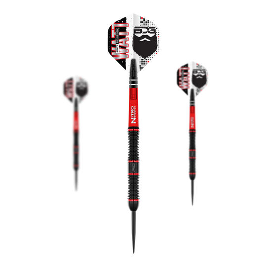 Dardos de acero Red Dragon Jason Watt - 22 g Das Bild zeigt drei Steeldarts des Modells "Red Dragon Jason Watt" mit einem Gewicht von 22g. Die Darts sind schwarz-rot und haben Flights mit einem Bartmotiv und der Aufschrift "WATT".