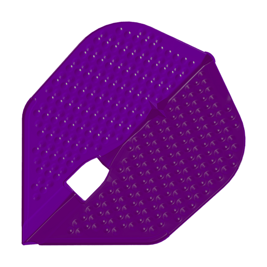 Das Bild zeigt ein lila Dartflight in Dimple-Champagne-Form. Die Oberfläche ist mit vielen kleinen Vertiefungen versehen.