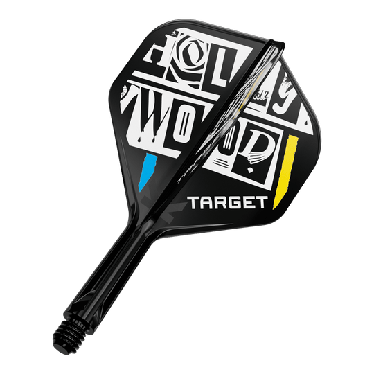Sistema de eje de vuelo estándar Target K-Flex Chris Dobey No2 Das Bild zeigt einen Dartpfeil-Flügel mit auffälligem schwarz-weißem Design und den farbigen Akzenten Blau und Gelb. Auf dem Flügel steht das Wort "TARGET" und ein grafisch gestalteter Schriftzug "HOLLYWOOD".