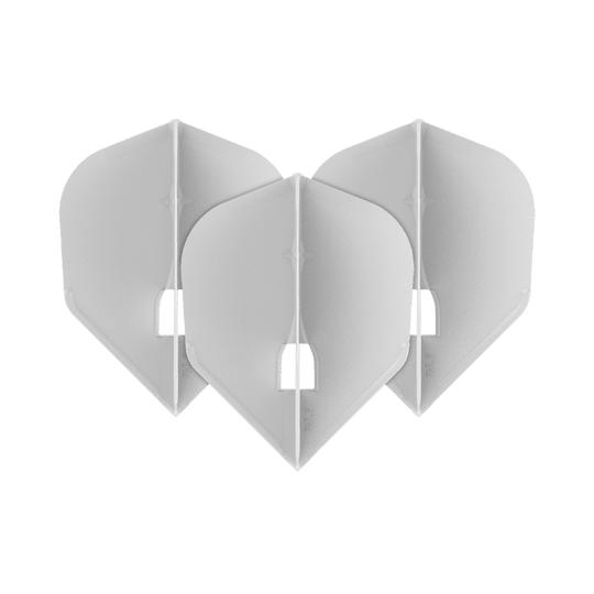 L-Style Flights Champagne - L3PRO Shape Auf dem Bild sind drei weiße Dart-Flights in einer V-Form angeordnet. Die Flights haben jeweils eine leicht durchsichtige Optik und eine standardisierte Pfeilform.