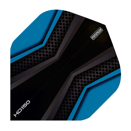 HD2022-Pentathlon-HD150-Black-Blue Dieses Bild zeigt ein HD 150 Pentathlon Flights in Schwarz und Blau. Das Design besteht aus schwarzen und blauen Flächen mit Mustern und den Aufdrucken "HD150" und "Pentathlon".