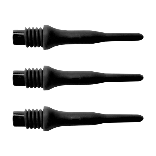896_Bulls_Tefo_X_Softdart-Spitzen_100erPack_Schwarz_1 Das Bild zeigt drei schwarze Bulls Tefo X Spitzen. Diese Spitzen sind für Softdartpfeile und werden hier als 100er Pack angeboten.