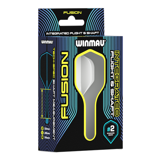 Sistema de eje de vuelo Winmau Fusion blanco estándar Auf dem Bild ist eine Verpackung des Winmau Fusion Integrated Flight & Shaft Systems in Weiß zu sehen. Die Verpackung zeigt einen 22 mm langen Schaft mit der Standardform #2.