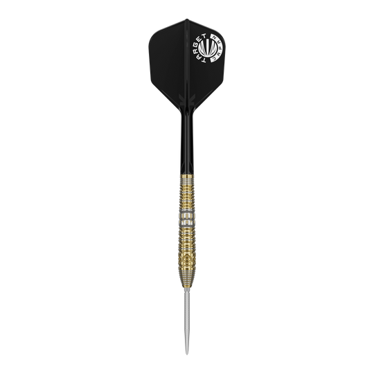 Dardos de acero Target Japan Hot Shot GEN2 - 23 g Das Bild zeigt einen Target Japan Hot Shot GEN2 Steeldart mit einem Gewicht von 23g. Der Dart hat eine goldene, strukturierte Spitze und schwarze Flights.