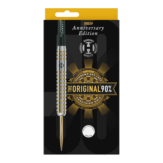 Edición de aniversario de Harrows Los Steeldarts originales Auf dem Bild ist eine Packung mit einem Steeldart der Marke Harrows zu sehen. Die Verpackung zeigt die Aufschrift „Anniversary Edition“ und „The Original 90%“.