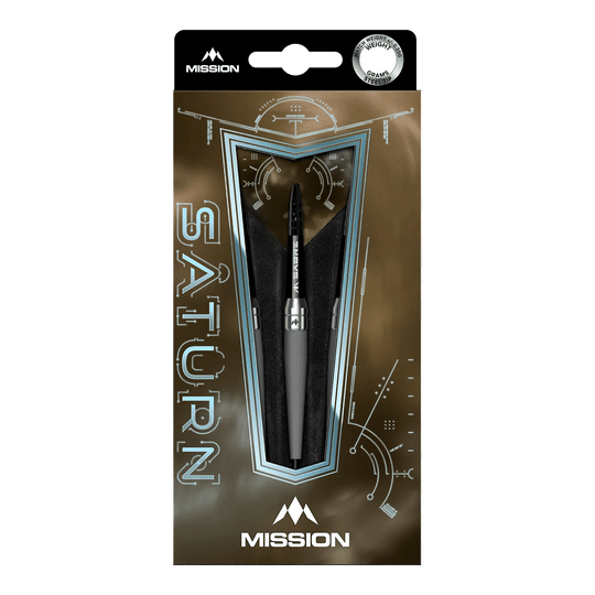 Dardos de acero Mission Saturn Titan Das Bild zeigt die Mission Saturn Titan Steeldarts in ihrer Verpackung. Die Verpackung ist modern gestaltet und hebt den Dart in der Mitte hervor.