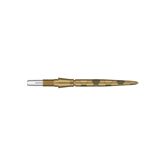 Puntas de dardos Target Swiss Storm Onyx Point - Oro Das Bild zeigt eine goldfarbene Dartspitze mit feinen eingravierten Mustern. Sie hat eine schlanke, spitz zulaufende Form und ist 26 mm lang.
