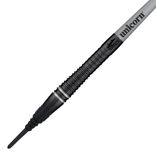 Dardos blandos Unicorn World Champion Gary Anderson Noir Phase 6 Das Bild zeigt einen Unicorn World Champion Gary Anderson Noir Phase 6 Softdart. Der Dart hat ein elegantes, schwarzes Design mit dem Aufdruck "unicorn" auf dem Schaft.