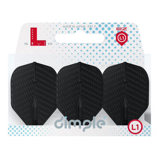 Vuelos estilo L con hoyuelos color champán L1EZ estándar Auf dem Bild sind drei schwarze Dart-Flights in einer Verpackung zu sehen. Die Verpackung trägt die Aufschrift "dimple" und "L1" und ist von der Marke L-Style.