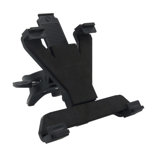 GRN0040_GranBoard_Tablet_Holder_1XQN5rpg5pyAvU Das Bild zeigt den GranBoard Tablet-Halter. Er ist schwarz und hat verstellbare Klammern, um ein Tablet sicher zu befestigen.