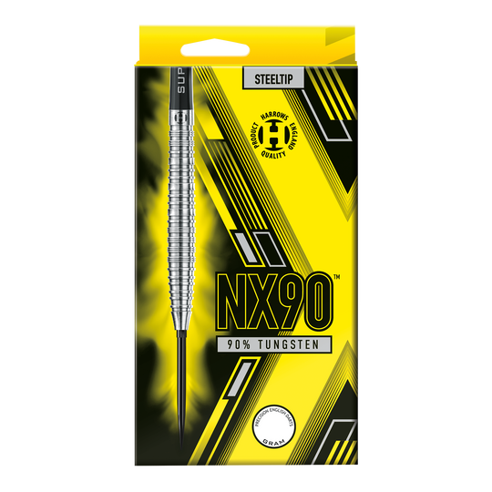Dardos de acero de punta rápida cónica Harrows NX90 Die Abbildung zeigt die Harrows NX90 Tapered Quick Point Steeldarts. Diese Darts sind speziell für Genauigkeit und Kontrolle konzipiert.