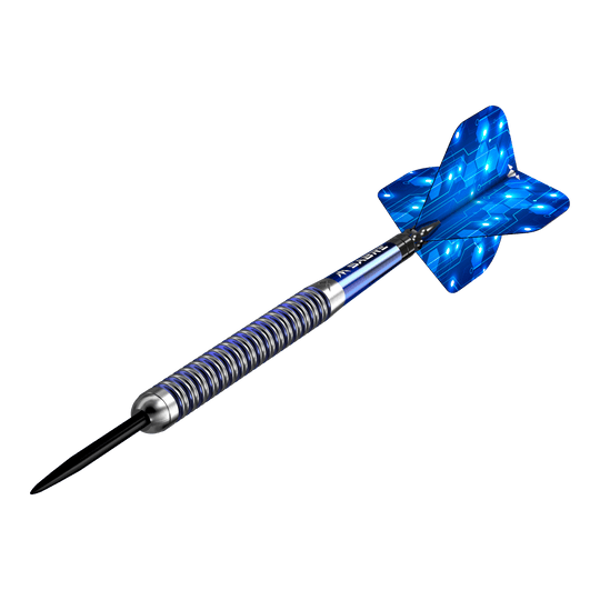 Dardos de acero Mission ION Blue Silver Mission ION Blue Silver Steeldarts werden präsentiert. Die Darts haben ein auffälliges blau-silbernes Design.