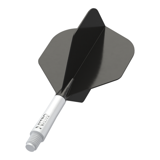 Red Dragon Nitroflite - Eje blanco, plumas negras nº 2 Das Bild zeigt einen schwarzen Dart-Flügel mit einem weißen Schaft. Auf dem Schaft steht der Text "NITRO FLITE".