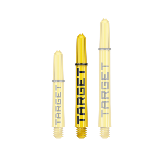 Varillas Target Pro Grip TAG - 3 juegos - Amarillas Das Bild zeigt drei gelbe Dartschäfte in verschiedenen Längen. Auf jedem Schaft steht das Wort "TARGET" in schwarzer Schrift.