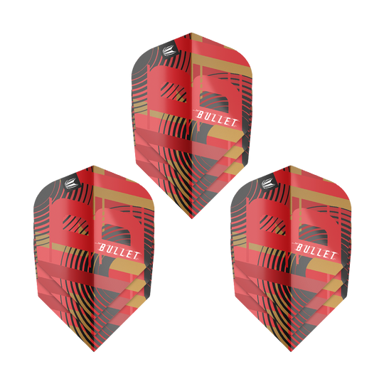 Plumas Target Pro Ultra Stephen Bunting GEN5 No6 - 3 juegos Das Bild zeigt drei Sets von Target Pro Ultra Stephen Bunting GEN5 No6 Flights. Die Flights haben ein auffälliges Design in Rot, Schwarz und Gold mit dem Schriftzug "Bullet".
