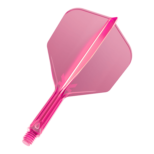 Sistema de vuelo Target K-Flex No6 - Rosa neón Das Bild zeigt eine neonpinke Dartflügel-Kombination mit integriertem Schaft. Das Material wirkt durchsichtig und hat einen modernen Look.