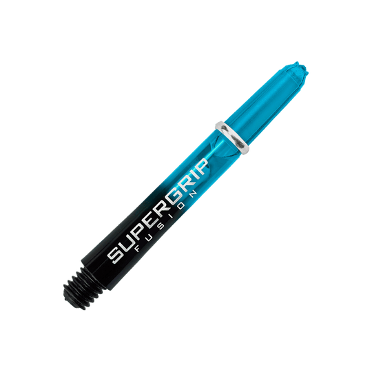 Das Bild zeigt einen Harrows Supergrip Fusion Shaft in der Farbe Aqua. Der Schaft ist teilweise durchsichtig und trägt die Aufschrift "SUPERGRIP FUSION".