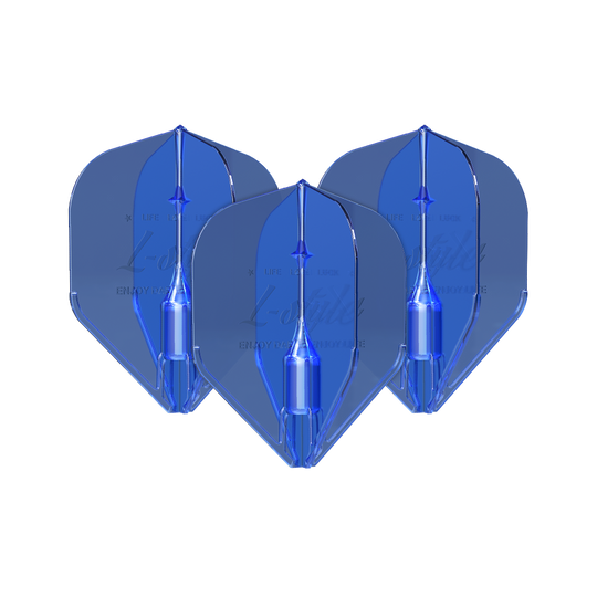 Plumas L-Style Fantom L1EZ Azul Das Bild zeigt drei blaue L-Style Fantom L1EZ Flights. Sie sind für den Gebrauch bei Dartpfeilen gedacht.