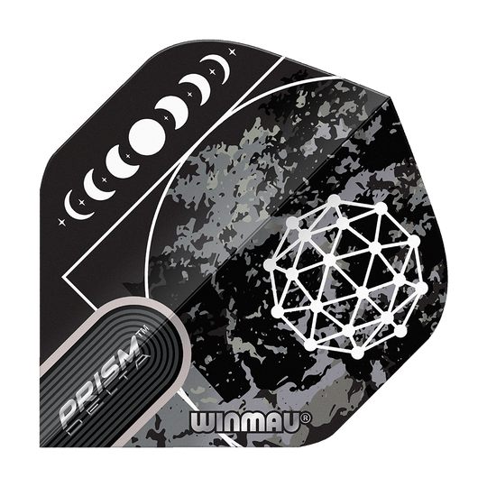 Vuelos estándar Winmau Prism Delta Callisto No2 Das Bild zeigt das Produkt "Winmau Prism Delta Callisto No2 Standard Flights". Es hat ein schwarzes Design mit Mondphasen und geometrischem Muster.