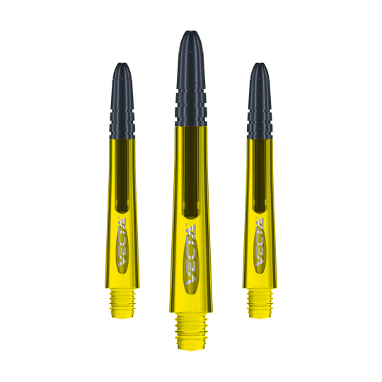 7025-206_Winmau_Vecta_Shafts_Gelb_40mm_1 Das Bild zeigt drei gelbe Winmau Vecta Shafts für Darts. Die Shafts haben schwarze Spitzen und sind mit dem Schriftzug "Vecta" versehen.