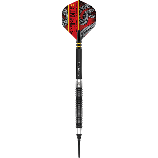 RD2411_Red_Dragon_Peter_Wright_Double_World_Champion_SE_Black_Softdarts_1foRMtx879kjgS Dies ist ein schwarzer Softdart der Marke Red Dragon, Modell "Peter Wright Double World Champion SE" mit 20g Gewicht. Auf dem Flight steht "Snakebite Double World Champion" und es ist ein Schlangenmuster abgebildet.
