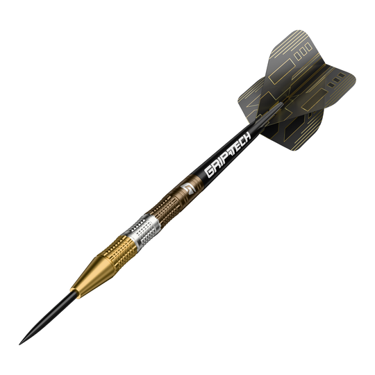 Dardos de acero de tungsteno para la ceremonia GOAT Der GOAT Ceremony Tungsten Steeldart ist ein hochwertiger Dartpfeil mit goldenen und silbernen Elementen. Auf dem Schaft steht das Wort "GRIPTECH" und die Flights sind schwarz mit goldenen Linien gestaltet.