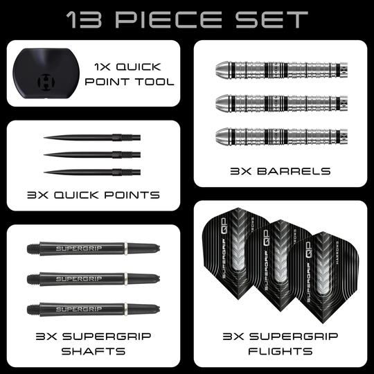 Dardos de acero de punta rápida cónica Supergrip de Harrows Zu sehen sind die Harrows Supergrip QP Tapered Quick Point Steeldarts. Diese Darts bieten eine hochwertige Verarbeitung für optimale Spieleigenschaften.