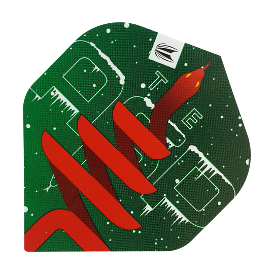 WF-2_Target_Merry_Christmas_Flights_Nathan_Aspinall_1B9w6m4JtYHPuM Das Bild zeigt einen Dartflight mit grünem Hintergrund und weihnachtlichen Schneeeffekten. Darauf ist eine rote Schlange abgebildet, die sich über das Design windet.