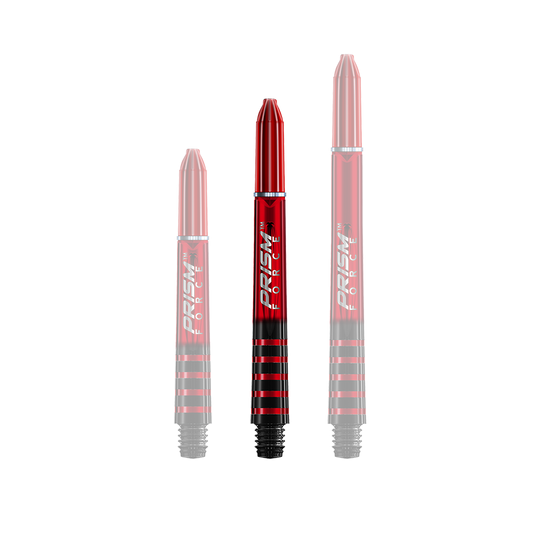 7020-404_Winmau_Prism_Force_Shafts_Rot_41mm_18X1SIMfP5zhBR Auf dem Bild sind drei rote Dartschäfte in unterschiedlichen Längen zu sehen. Alle drei tragen die Aufschrift "PRISM FORCE" und haben schwarze Streifen am unteren Ende.