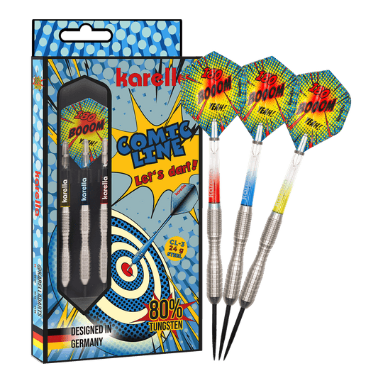 Dardos de acero Karella Comic Line CL-3 - 24 g Das Bild zeigt das Produkt Karella Comic Line CL-3 Steeldarts - 24g in voller Länge. Die Steeldarts sind klar zu erkennen.