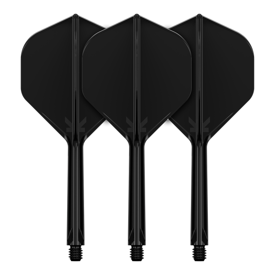 Sistema de vuelo estándar Target K-Flex No2 - Negro Auf dem Bild sind drei schwarze Dartflights mit Schaft zu sehen. Sie stehen nebeneinander und haben eine standardmäßige, gerade Form.