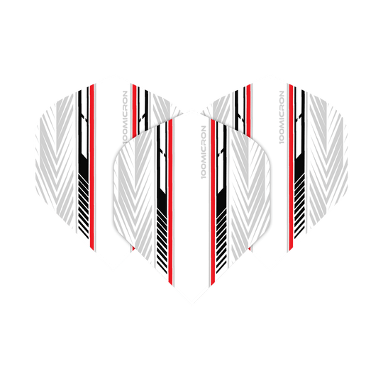 Vuelos de pentatlón blanco/negro/rojo Das Bild zeigt die Pentathlon White Black Red No2 Standard Flights. Die Flights haben ein weißes Grunddesign mit schwarzen und roten Streifen sowie grafischen Mustern.