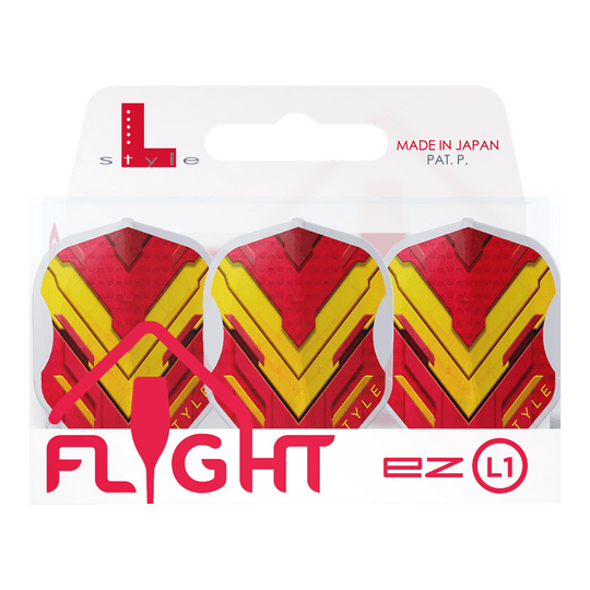 Das Bild zeigt die L-Style V-Series V1 Type A Spain Clear White L1EZ Flights für Dartpfeile. Die Flights haben ein auffälliges rotes und gelbes Design und sind in einer transparenten Verpackung zu sehen.