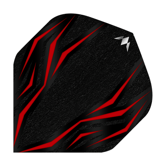 Das Bild zeigt ein schwarzes Dartflight mit roten, flammenartigen Linien. In der oberen rechten Ecke befindet sich ein kleines, silbernes Logo.