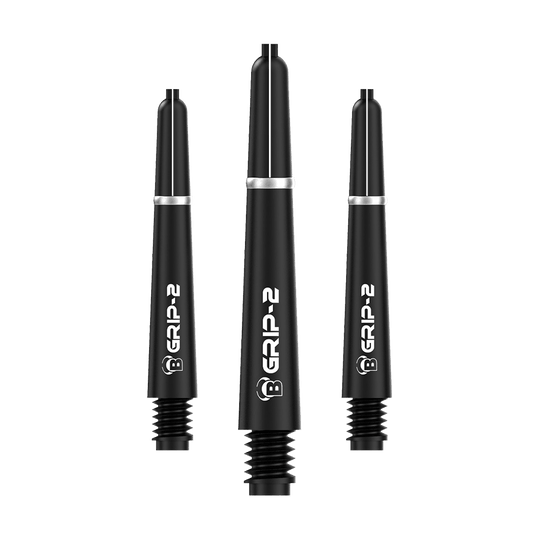 Das Bild zeigt drei schwarze Bulls B-Grip-2 SL Shafts für Dartpfeile. Die Shafts haben ein schlichtes Design mit weißer Aufschrift und silbernem Ring.