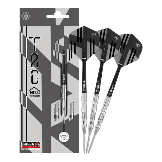 Dardos de acero Bulls Tac T1 Das Bild zeigt die Bulls Tac T1 Steeldarts zusammen mit ihrer Verpackung. Die Darts bestehen zu 90% aus Tungsten und haben ein modernes, schwarz-silbernes Design.