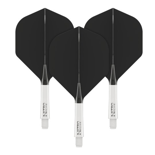 Auf dem Bild sind drei schwarze Dartflights mit weißen Schäften zu sehen. Auf den Schäften steht der Schriftzug „NITRO FLITE“.