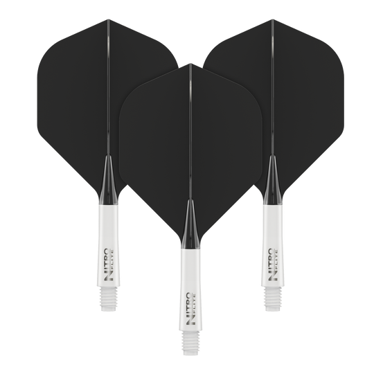 Red Dragon Nitroflite - Eje blanco, plumas negras nº 2 Auf dem Bild sind drei schwarze Dartflights mit weißen Schäften zu sehen. Auf den Schäften steht der Schriftzug „NITRO FLITE“.