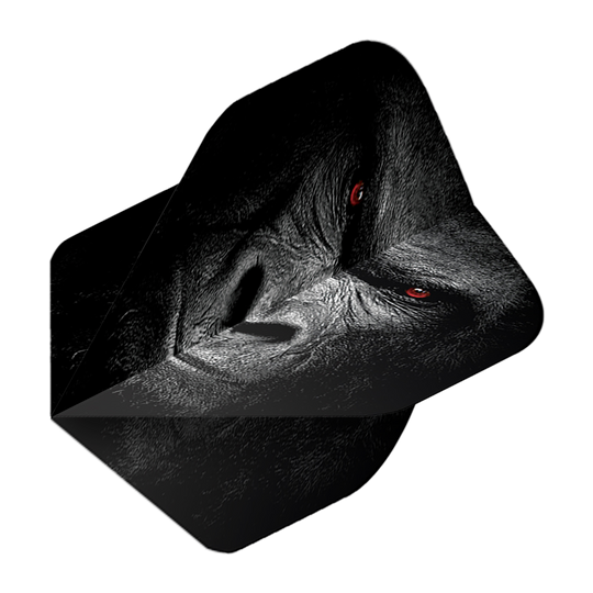 Vuelos de pentatlón Gorila Das Bild zeigt das Produkt "Pentathlon Gorilla No2 Standard Flights". Auf dem Flight ist das Gesicht eines Gorillas mit markanten roten Augen abgebildet.