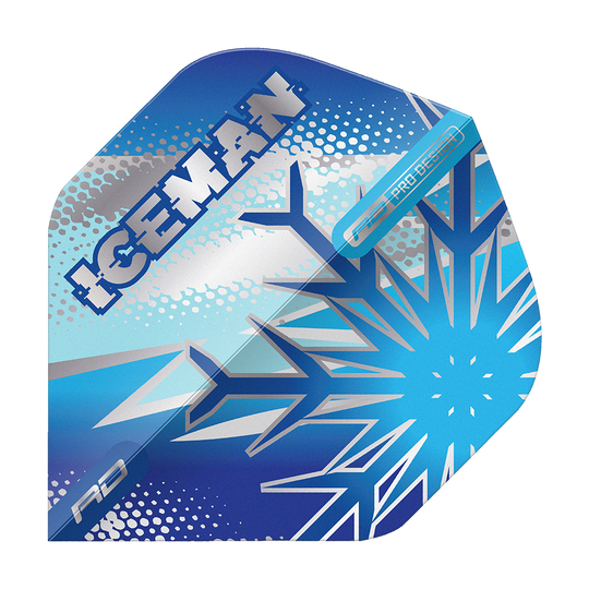 Red Dragon Gerwyn Price Blue Flake No2 Vuelos Estándar Das Bild zeigt ein Dart-Flight mit frostigem, blauem Design und einer großen Schneeflocke. Auf dem Flight steht das Wort "ICEMAN" in auffälligen Lettern.