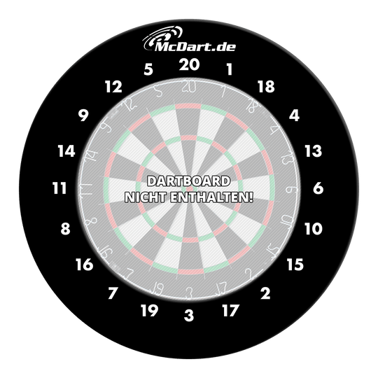 Das Bild zeigt einen schwarzen Dartboard-Surround mit weißen Zahlen und dem Logo "McDart.de" oben. In der Mitte steht der Hinweis "DARTBOARD NICHT ENTHALTEN!".
