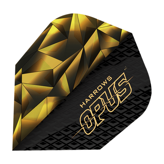 Vuelos de Harrow's Opus Versión 1 Dies ist ein Bild des Produkts "Harrows Opus Version 1 Flights". Das Flight-Design ist schwarz-golden mit geometrischen Mustern und dem Schriftzug "HARROWS OPUS".