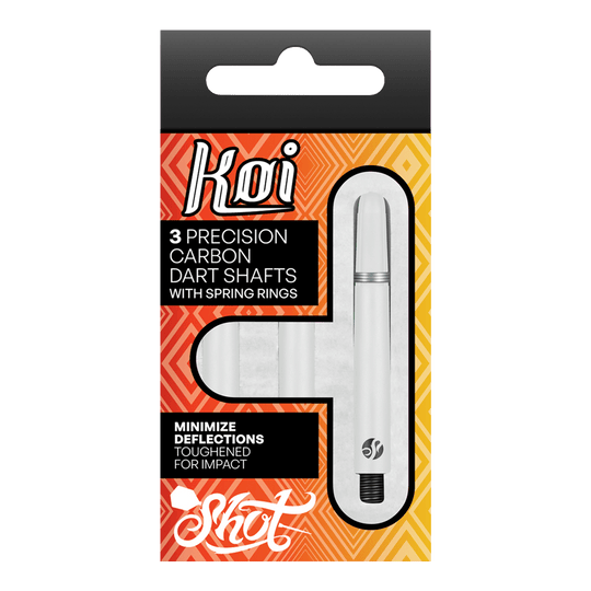 Flechas de carbono Shot Koi - Blancas Die Verpackung zeigt drei präzise Carbon-Dartschäfte mit Sprengringen der Marke Koi. Sie sind darauf ausgelegt, Ablenkungen zu minimieren und sind für hohe Schlagfestigkeit verstärkt.