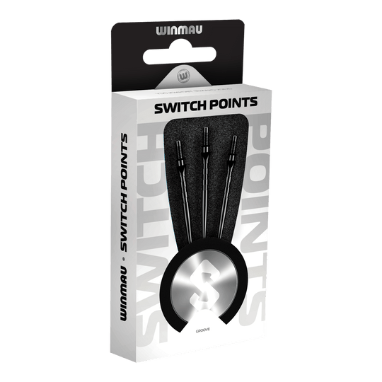 Puntas de dardos de acero Winmau Switch Point Groove - Negras Abgebildet sind Winmau Switch Point Groove Steeldartspitzen in Schwarz. Die Dartspitzen haben Rillen und eine schwarze Farbe.