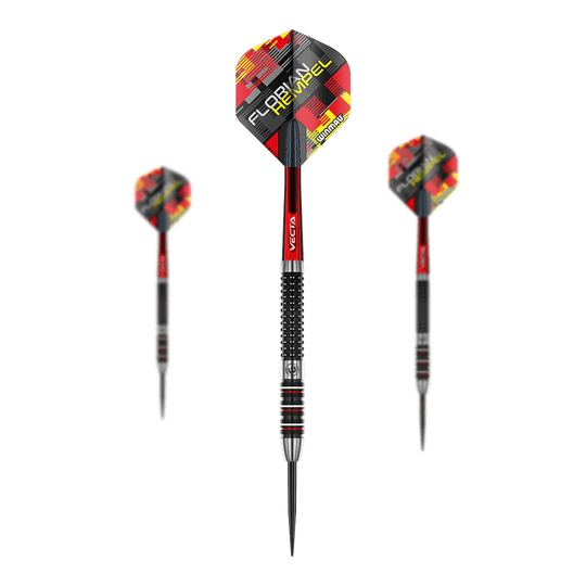dardos de acero Winmau Florian Hempel Auf dem Bild sind drei Steeldarts mit schwarzer, roter und silberner Farbgebung zu sehen. Auf den Flights steht der Name "Florian Hempel" sowie das Logo von Winmau.