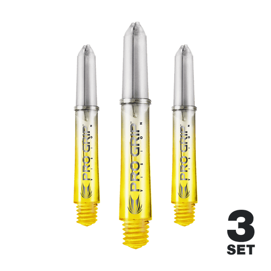 Varillas Target Pro Grip Vision - 3 juegos - Amarillas Auf dem Bild sind drei gelbe Pro Grip Vision Shafts für Darts zu sehen. Unten rechts steht, dass es sich um ein 3er-Set handelt.