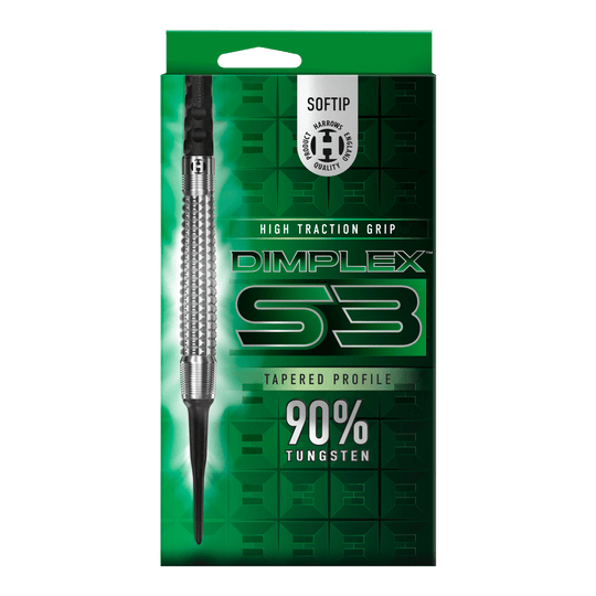 Dardos suaves cónicos Harrows Dimplex S3 Das Bild zeigt die Verpackung der "Harrows Dimplex S3 Tapered Softdarts". Auf der Packung steht, dass die Darts einen hohen Grip und einen 90%igen Tungsten-Anteil haben.